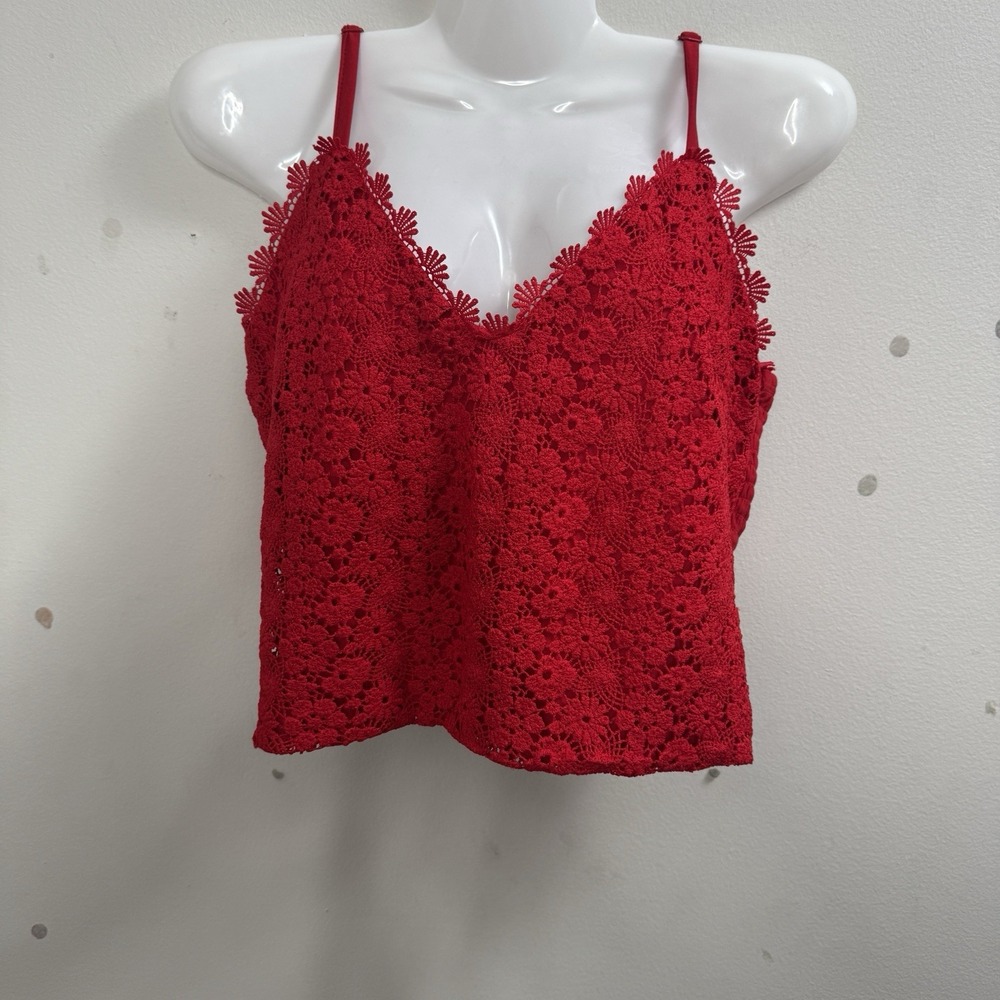 JUNIOR'S NO BOUNDARIES RED LACE CROCHET SLEEVELESS TANK TOP M Crop Adjustable